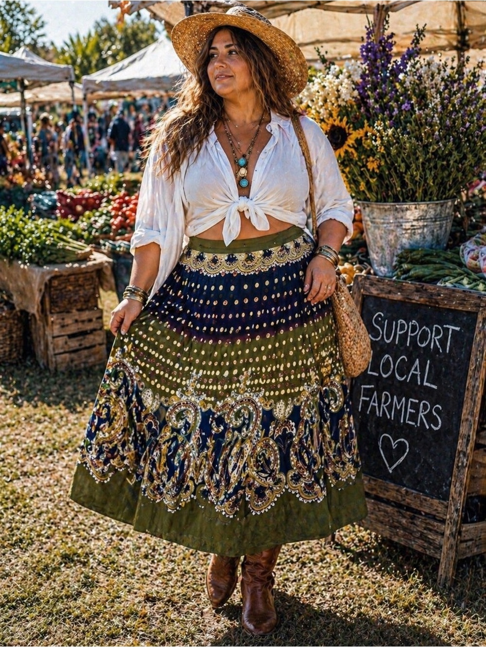Zashi L Paisley Embroidered Olive & Navy Circle Skirt